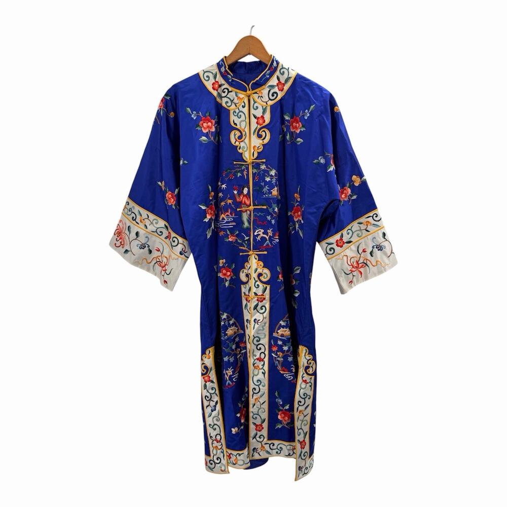 Vintage 50's 60s Royal Blue Silk Hand Embroidered Chinese Kimono Robe Large